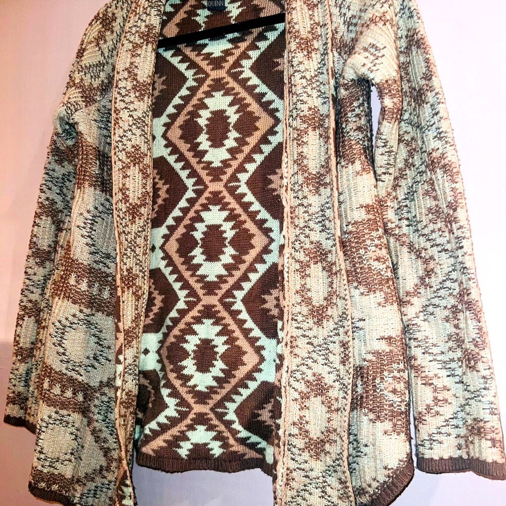 Quinn Aztec cardigan sweater sz small brown teal & cream colored - Picture 2 of 5